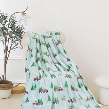 Elegant Comfort Reversible and Ultra-Plush Flannel Fleece-Winter Christmas Sherpa Throw- Lightweight Soft and Cozy-Holiday Decorative Throw, Perfect for Lounging, 50 x 60 inches, Tractor Tree
