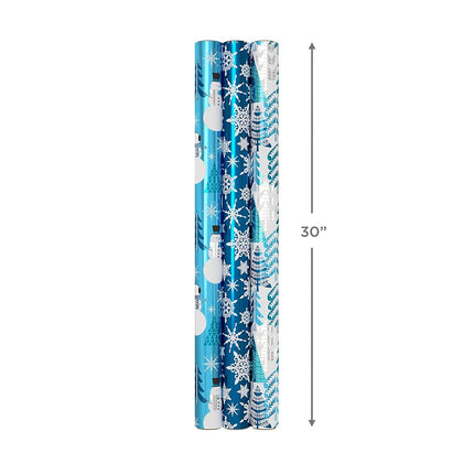 Hallmark Blue Foil Christmas Wrapping Paper with Cut Lines on Reverse (3 Rolls: 60 sq. ft. TTL) Snowmen, Snowflakes, Christmas Trees