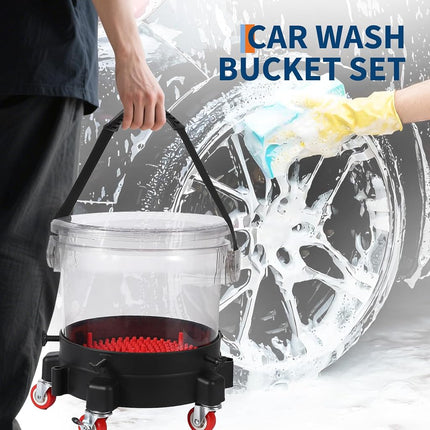 Kit de lavage de voiture de 5 gallons avec chariot à 5 roulettes, seau de 15,5 L, grilles anti-gravier, poignée en caoutchouc et couvercle, système de détail roulant d'une capacité de 136 kg pour le nettoyage automobile, robuste (transparent)