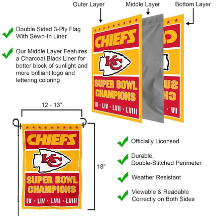 Wincraft Kansas City Chiefs 4 Time Champions Garden Flag, Red, Gold, 12.5 Inches by 18 Inches