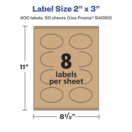 Avery Kraft Brown Oval Scalloped Labels with Sure Feed, 2" x 3", 400 Kraft Brown Labels, Print-to-The-Edge, Laser/Inkjet Printable Labels
