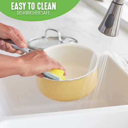 GreenLife Artizan Healthy Ceramic Non-Stick 14cm/1l and 18 cm/2l Saucepan Pot Set with Lids, Stainless Steel Handle, Induction, PFAS-Free, Oven Safe, Yellow
