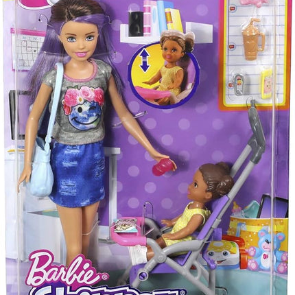 Barbie Skipper Babysitters Doll Playset, Brunette Skipper Doll with Brown Baby Doll, Baby Stroller and Doll Accessories, Toys for Ages 3 and Up, Two Dolls, FJB00