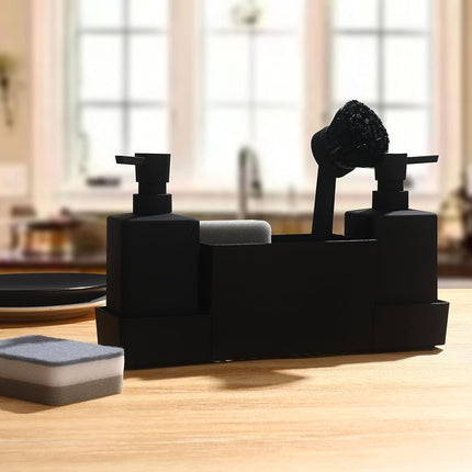 YAUKPH Kitchen Soap Dispenser with Sponge Holder Set for Sink Caddy (Double soap dispensers and 1 Brush) Matte Black