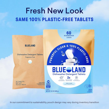 BLUELAND 100% Plastic-Free Dishwasher Detergent Tablets, 60 Count, Free & Clear, Eco-Friendly Dishwashing Pods, Natural, USDA Certified biobased
