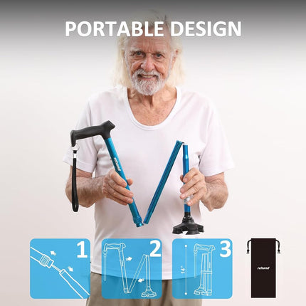 REHAND Walking Stick for Men & Women - Foldable, Adjustable, Lightweight, Self Standing Pivot Walking Stick, Soft Handle Grip, with Travel Bag, Walking Sticks for Seniors & Adults (Blue)