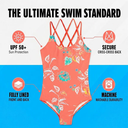 Kanu Surf Girls' Reese UPF 50 Beach Sport Criss-Cross One Piece Swimsuit, Reese Coral, 14