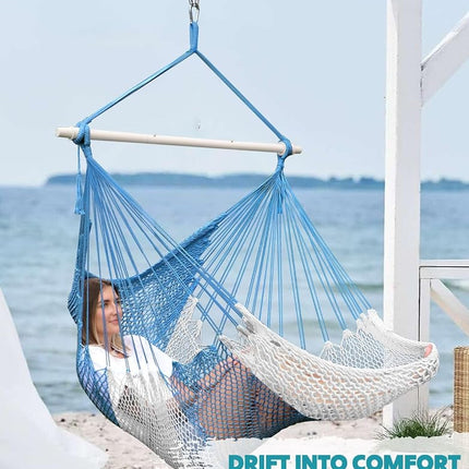 Chihee Handwoven Cotton Hammock Chair Large Hanging Rope Chair 7.9ft with Detachable Strong Metal Spreader Bar, Breathable Net Swing Seat Color Blocking, Portable with Carry Bag, Indoor Outdoor Use