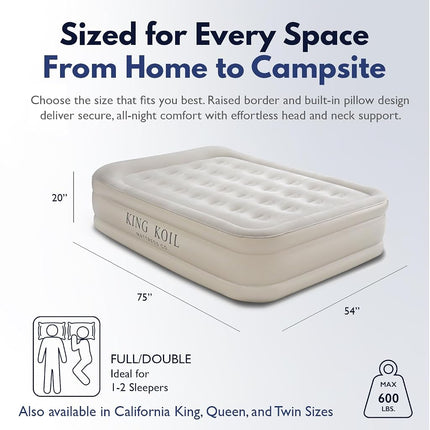 King Koil Luxury Air Mattress 20in Full Size Beige with Built-in Pump for Home, Camping & Guests-Inflatable Airbed Luxury Double High Adjustable Blow Up Mattress, Durable - Portable and Waterproof