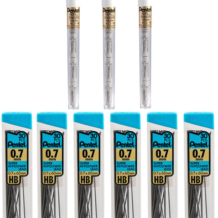 Pentel Recambio de Minas de 7 mm y Paquete de Borradores para Portaminas - Super Hi-polymer - Paquete Económico - 6 Paquetes de Minas de 0.7 (30 en cada uno) - 3 Paquetes de Borradores Blancos (4 en cada uno)
