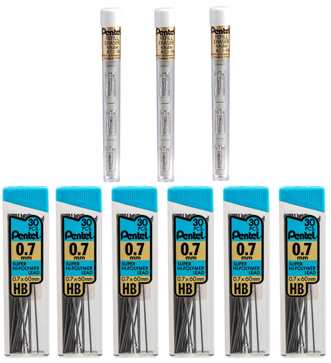 Pentel 7mm Lead Refill And Eraser Pack for Mechanical Pencils - Super Hi-polymer - Value Pack - 6 Packs of 0.7 Lead Refills (30 In Each) - 3 Packs of White Eraser Refills (4 In Each)
