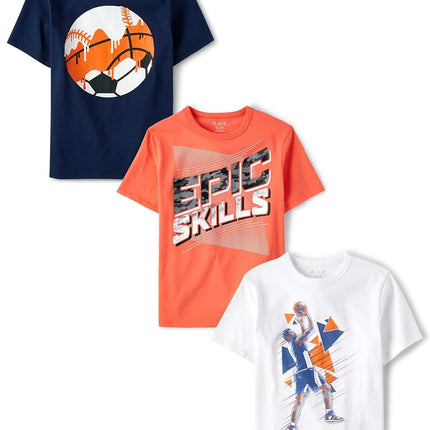 The Children's Place Pack de 3 camisetas gráficas de manga corta para niños, Epic/Baloncesto/Balón Multi, 5-6