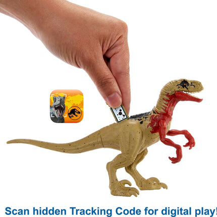 Coffret Camion Mattel Jurassic World Recherche et Destruction avec dinosaure Atrociraptor et figurine humaine, véhicule avec fonctions de destruction