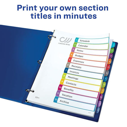 Avery 12 Tab Dividers for 3 Ring Binders, Customizable Table of Contents, Multicolor Tabs, 1 Set, 24 Packs (11843)