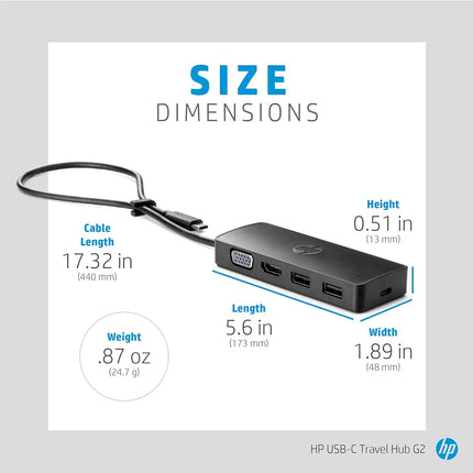 HP USB-C® Travel Hub G2 - Multi Port Dongle for Charging, Accessories, and Connecting an Extra Display - HDMI, VGA, and Two USB-A 3.0 Ports - Scalable Power with 45W, 65W, or 90W Adapter