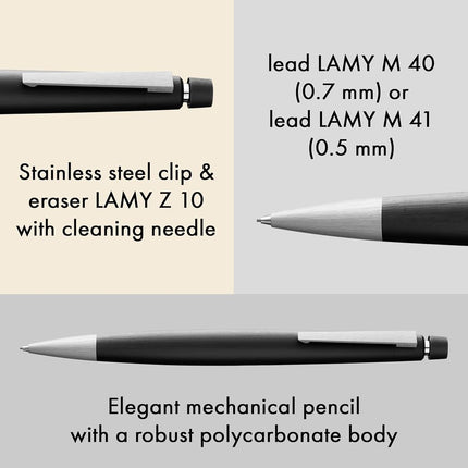 Lamy 2000 black - elegant mechanical pencil in a satin-finish fibreglass casing - perfectly balanced - pencil M 40 fine-line refill in line width 0.7 mm & eraser tip