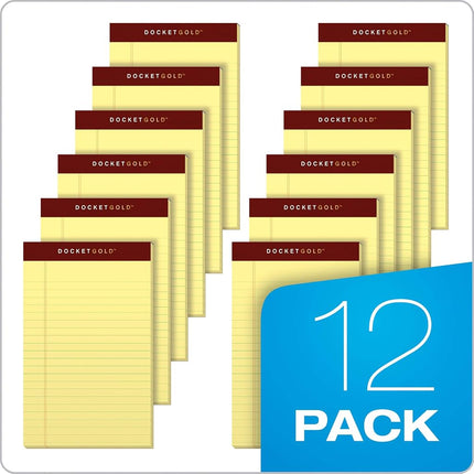 TOPS Docket Gold Writing Tablet, 5 x 8 Inches, Perforated, Canary, Narrow Rule, 50 Sheets per Pad, 12 Pads per Pack (63900)
