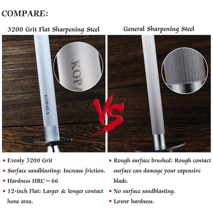 Kopala Efficient 12 inch Flat Honing Steel Magnetized Super Hardness Sharpening Rod Knife Sharpener Steel for Kitchen Knives High Hardness, Honing Rod with Gift Box