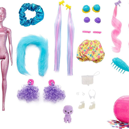 Barbie Color Reveal Glitter! Hair Swaps Doll, Glittery Pink with 25 Hairstyling & Party-Themed Surprises Including 10 Plug-in Hair Pieces, for Kids 3 Years Old & Up
