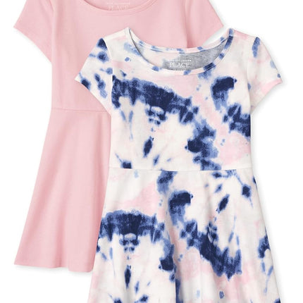 Vestidos de uso diario de manga corta para bebés y niñas pequeñas de Children's Place, paquete de 2 de patinador teñido anudado Milky Way, 18-24 meses