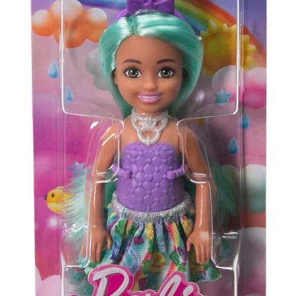 Muñeca Pequeña Barbie Dreamtopia Chelsea Unicornio con Cola Desmontable, Accesorio Diadema con Cuerno y Cabello Verde, Se Dobla por la Cintura