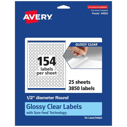 Etiquetas redondas Avery transparentes y brillantes con alimentación segura, 0.5" de diámetro, 3,850 etiquetas transparentes y brillantes, impresión hasta el borde, etiquetas imprimibles con láser/inyección de tinta