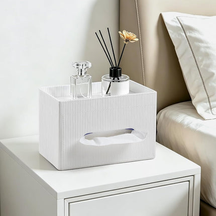 Cretkhp Rectangular Tissue Box Cover with Storage Tray, PU Leather Tissue Box Holder for Bathroom Vanity Countertop Night Stands Bedroom Office Desk, Stylish Tissue Holder Decorative Organizer (White)