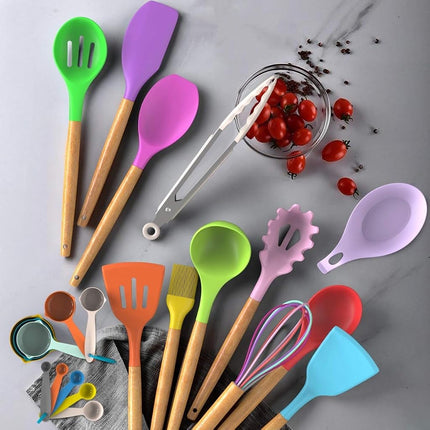Umite Chef Silicone Cooking Utensils Set, 24 pcs Non-stick Spatula Set with Holder, Wood Handle Heat Resistant Silicone Kitchen Gadgets (Colorful)