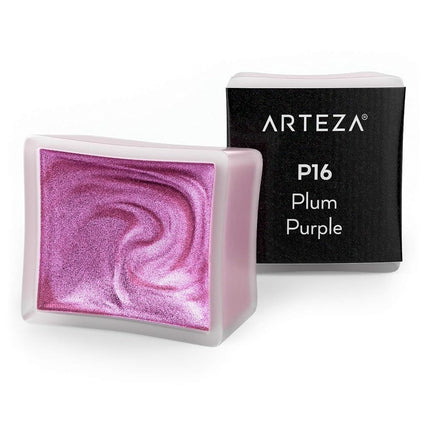 Pintura de acuarela metálica Arteza, Morado ciruela A715, Set de 2 medias pastillas, Pintura nacarada, Tonos vibrantes y nacarados, Para ilustraciones, caligrafía, pintura