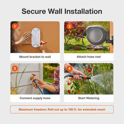 GARDENA 8055 - 100 Foot Wall Mounted Retractable Reel with Hose Guide, Automatic retraction for Easy Watering, Gray