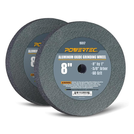 Muela de banco POWERTEC 2PK, muela abrasiva de 8 pulgadas, grano 60, óxido de aluminio, muelas de banco de 8 pulgadas para pedestales y bancos, 1 pulgada de grosor, eje de 5/8 pulgadas, para afilar y dar forma a brocas, cuchillos, 15517-P2
