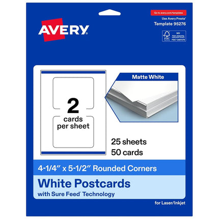 Avery Printable Rounded Corner Cards with Sure Feed Technology, 4.25" x 5.5", Matte White Cardstock, Print-to-the-Edge, Laser/Inkjet Cards, 50 Total