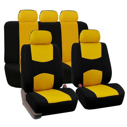 FH GROUP FH-FB050115 + F14407 Full Set Flat Cloth Car Seat Covers with Premium Carpet Floor Mats, Yellow / Black- Fit Most Car, Truck, Suv, or Van