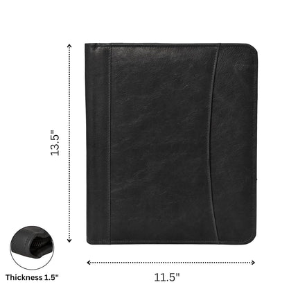 Leather Business Portfolio Padfolio Document Organizer with Writing Pad Resume Professional Interview Zipper Writing Notepad Folder for Men Women (Black)