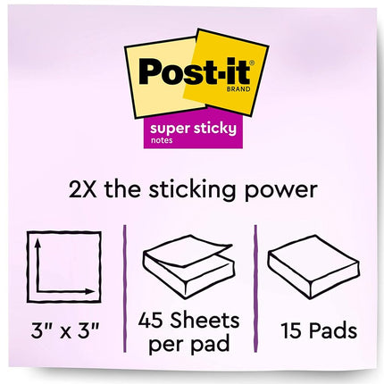 Post-it Super Sticky Notes, 3x3 in, 15 Pads, 2X the Sticking Power, Energy Boost, Bright Colors (Orange, Pink, Blue, Green), Recyclable (654-24SSAU-CP)