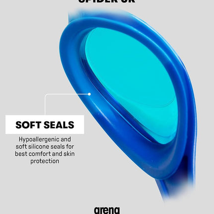 ARENA Unisex Youth Spider Junior Swim Goggles Girls and Boys Ages 6 to 12 No Fog Non-Mirror Lens Easy to Adjust Strap No Leak, Blue/Gray/Blue
