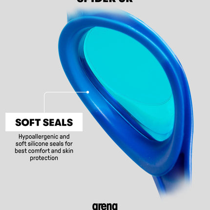 Gafas de natación ARENA unisex juveniles Spider Junior para niñas y niños de 6 a 12 años, lentes sin empañamiento ni espejo, correa fácil de ajustar, sin fugas, azul/gris/azul