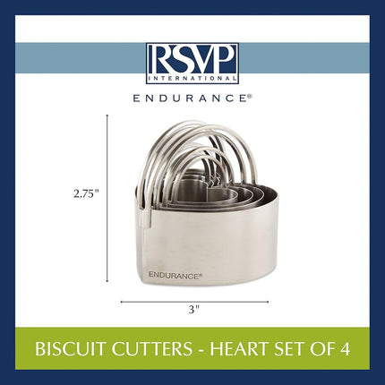 RSVP International Endurance Heart Shape Biscuit Cutters - Stainless Steel, Set of 4 | Nest for Easy Storage | for Cutting Thick or Thin Dough | Professional | Dishwasher Safe