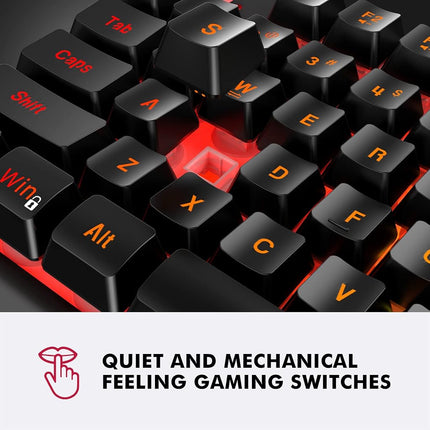 Teclado de juego con cable NPET K10, retroiluminación LED, diseño resistente a salpicaduras, teclas multimedia, teclado de membrana USB silencioso para escritorio, computadora, PC (negro)