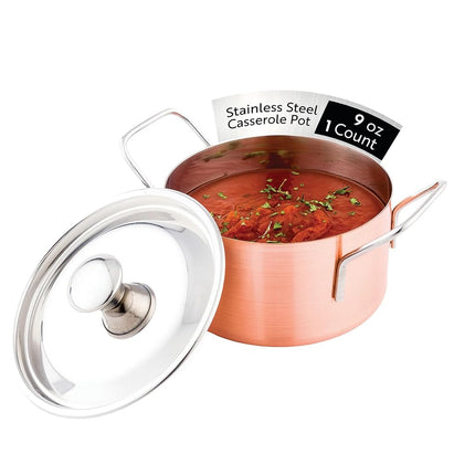 Restaurantware - Casserole individuelle avec couvercle de 255 ml, 1 plat à gratin individuel incassable - Poignées intégrées, pour cuire et servir des portions individuelles, Cocotte à soupe en cuivre et acier inoxydable,