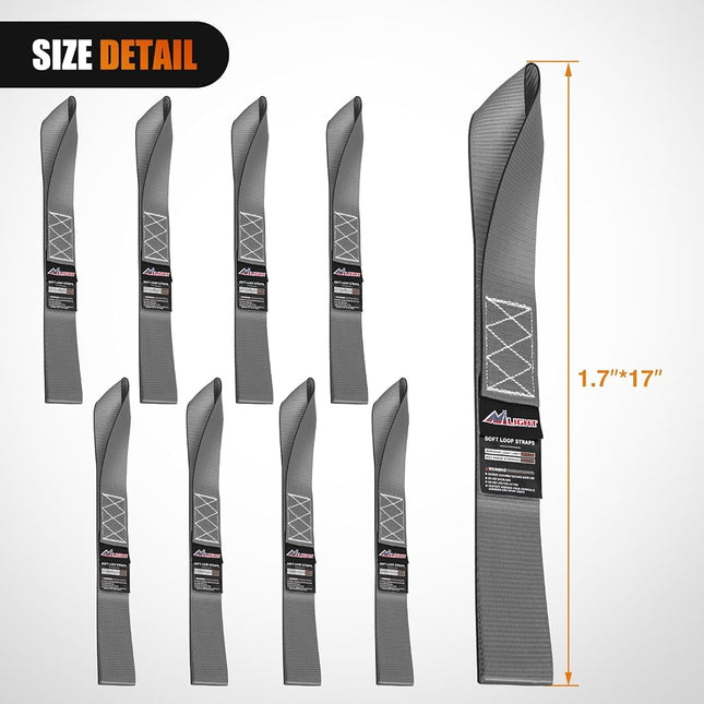 Nilight Soft Loop 1.7”×17" Motorcycle Tie Down Straps Heavy Duty 12000Lbs Max Break Strength for Securing ATV UTV Kayak Moving Cargo (8PK-Grey)