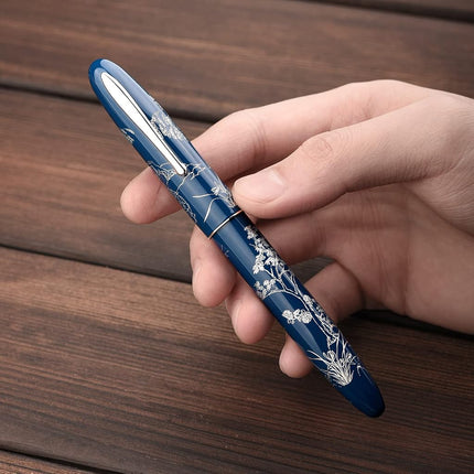 HONG DIAN N23 Blue Rabbit Fountain Pen, Long Blade Medium Nib Silver Trim, New Year Lucky Rabbit Carving Design, Smooth Writing Pen with Converter and Metal Pen Box Set