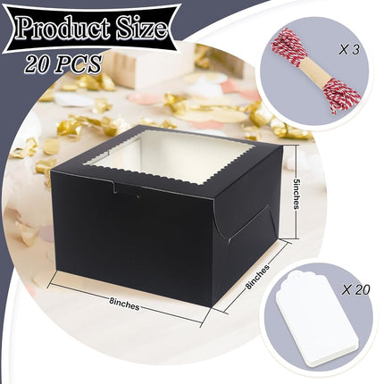DOYIDE 20Pcs 8 Inch Cake Boxes with Window, 8x8x5 Inches Black Bakery Boxes, Cake Carrier Container for Pastries, Pie, Cookies, Chocolates, Cupcakes, Birthday Party, Wedding