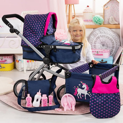 Bayer Design 18354AC Huge pram Jogger Sport, Dolls Stroller, Height Adjustable, Mega Set with Lots of Accessories, Travel Bed, Shoulder Bag and Much More,Blue, Pink, Unicorn,67x 36 x 74 cm