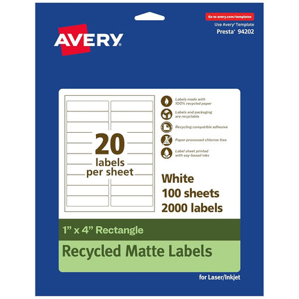 Avery EcoFriendly Matte White Recycled Rectangle Labels, 1" x 4", Matte White Labels, Permanent Adhesive, Laser/Inkjet Printable, 2,000 Total