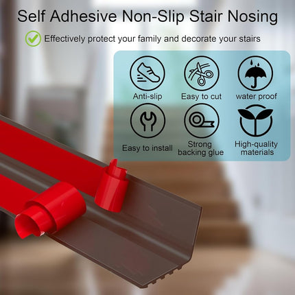 Vinyl Stair Nosing, Stair Edge Trim, Stair Edge Protector, Non-Slip Self Adhesive Stair Edge Protector Suitable for Indoor/Outdoor Stairs, Easy to Install, Non-Slip and Waterproof (Brown, 40FT)