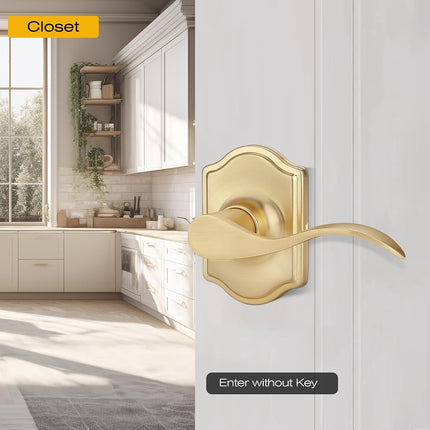 EHOMEWARE 1 Pack Interior Gold Door Handles, Keyless Closet Door Knobs, Passage Door Knobs No Lock, Wave Style Lever Door Handle, Reversible for Left/Right Handed Doors, Satin Brass Finish