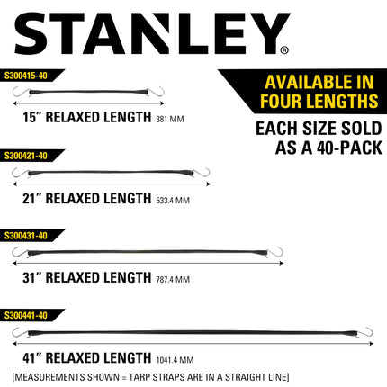 STANLEY S300415 Cuerdas elásticas de goma negras de 15" para todo tipo de clima con ganchos en S para asegurar lonas, remolques de plataforma y cubiertas de barcos, almacenamiento y carga, paquete de 40 unidades