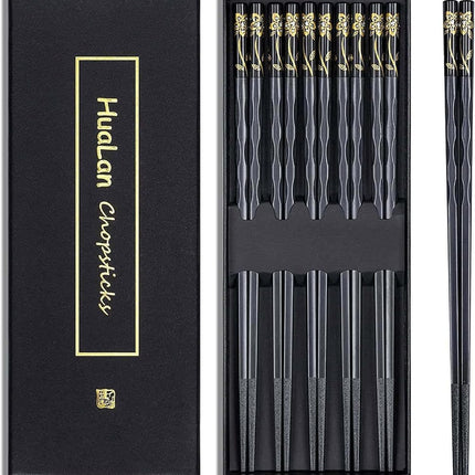 Serie de Palillos de Fibra de Vidrio - Palillos Japoneses Antideslizantes, Reutilizables, Aptos para Lavavajillas, 5 Pares, Set de Regalo, 25.1 cm, Negros