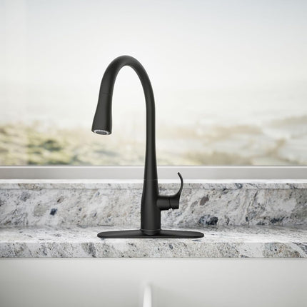 Kohler K-596-BL Simplice High-Arch Single-Hole or Three-Hole, Single Handle, Pull-Down Sprayer Kitchen Faucet, Matte Black with 3-Function Spray Head, Sweep Spray and Docking Spray Head Technology